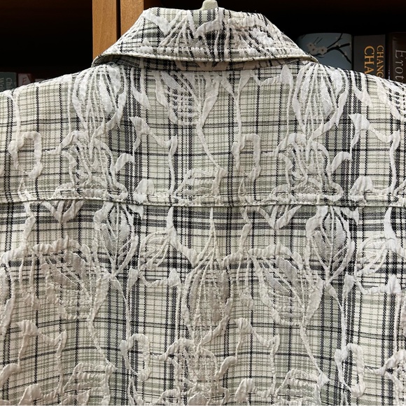 Women’s Jacket Blazer Cropped Textured Plaid Button Front Green White Black PL - Picture 4 of 10